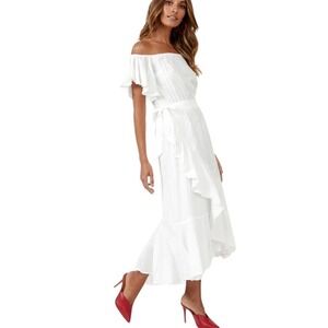 City Chic White Off the Shoulder Maxi Dress Size 16 Wrap Waist Tie Ruffle Hem